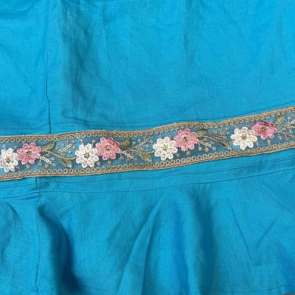 Vintage Turquoise Linen Blend Midi Skirt floral Sequins Embroidered Trim Ruffle - Picture 5 of 6